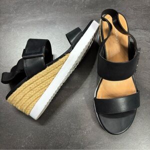 Bandolino Black and Tan Wedge Sandals with Espadrille Detailing